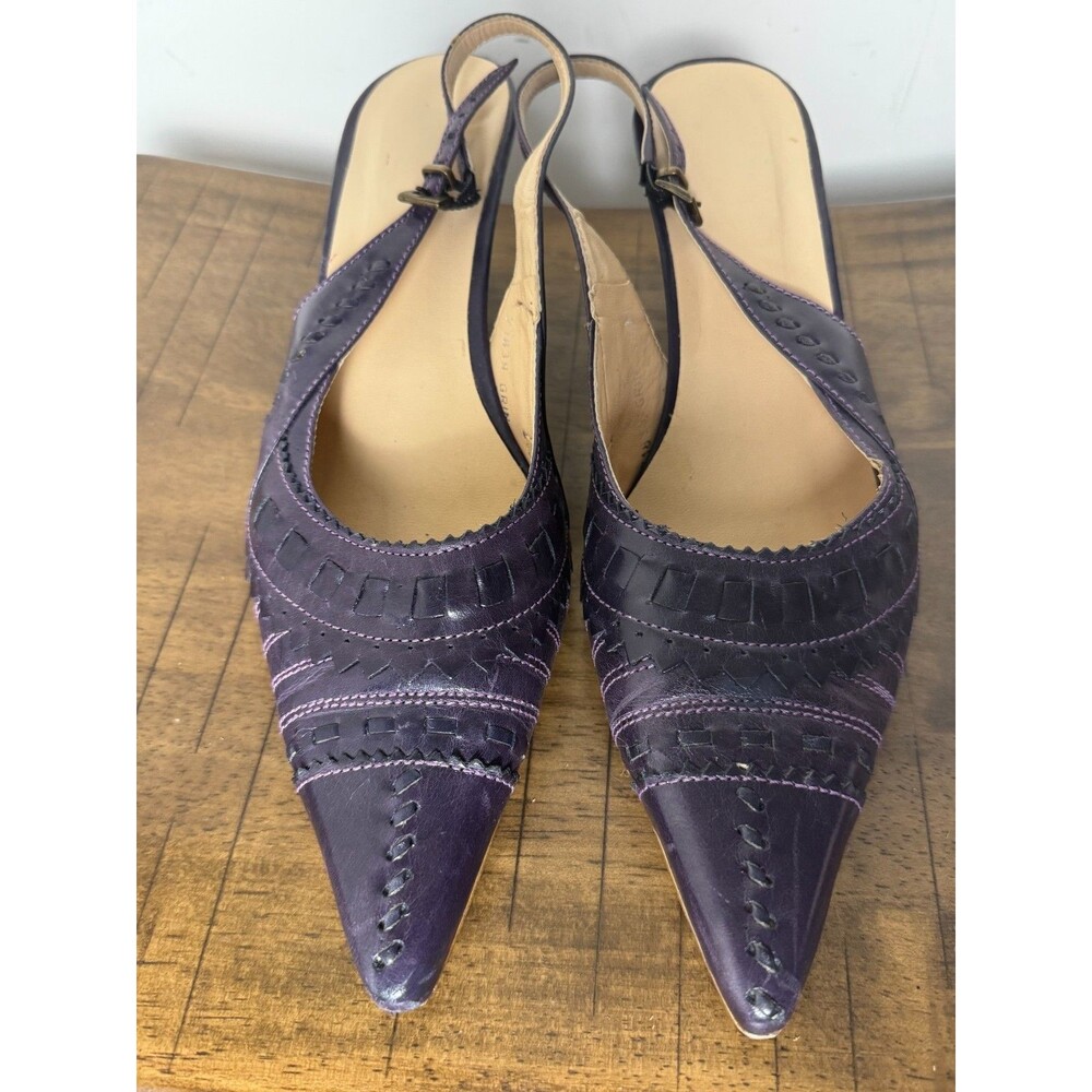 Leather Slingback Kitten Heels Purple Eggplant Pointed Toe Brazil Sz 8.5 M